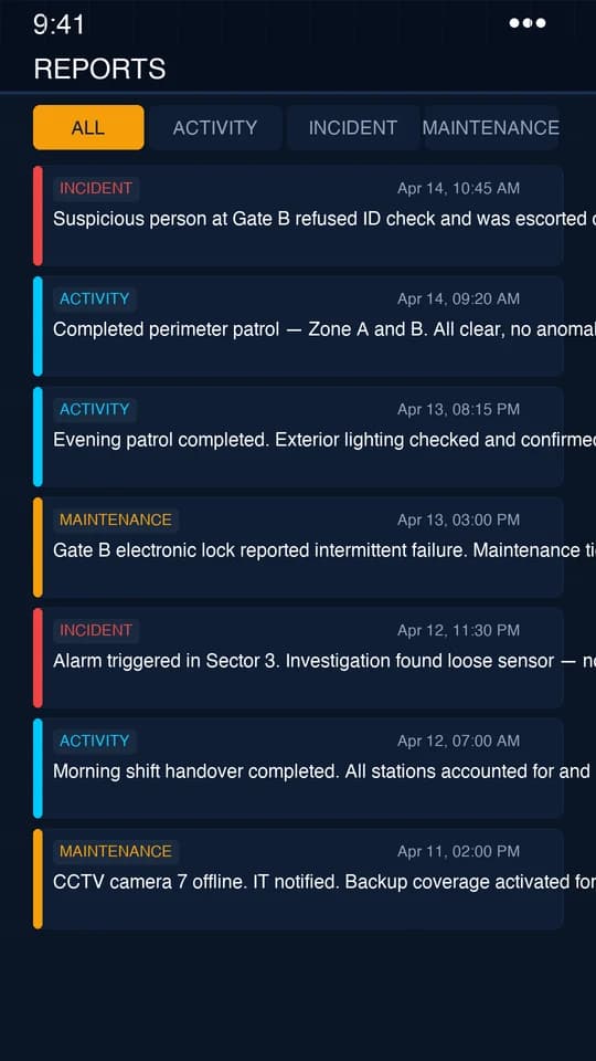 NetraOps mobile app showing a guard's activity, incident, and maintenance reports